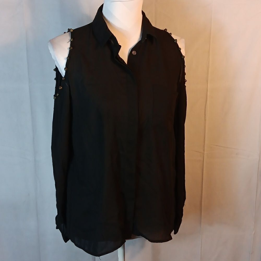Hot Beso Cold Shoulder Studded Button Down Blouse